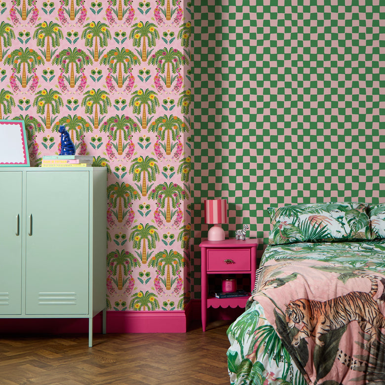 Crouching Tiger Wallpaper Olive Greens and Brights on Pink