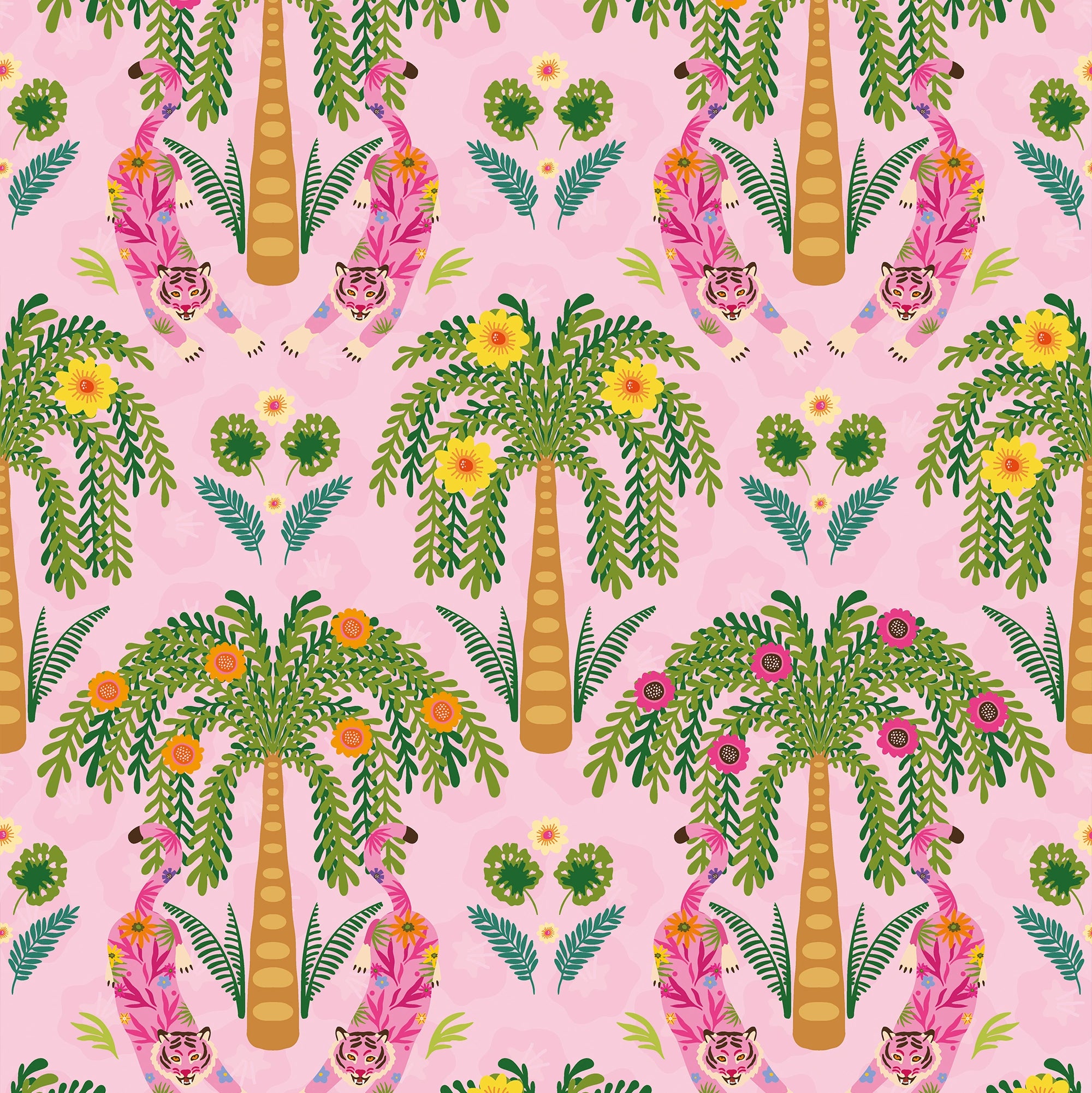 Crouching Tiger Wallpaper Olive Greens and Brights on Pink