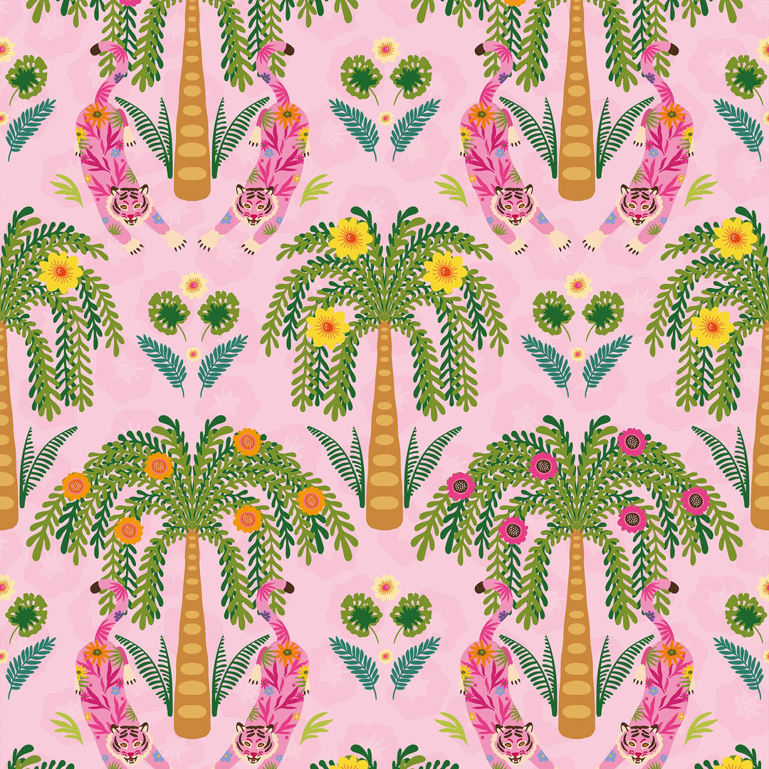 Crouching Tiger Wallpaper Olive Greens and Brights on Pink