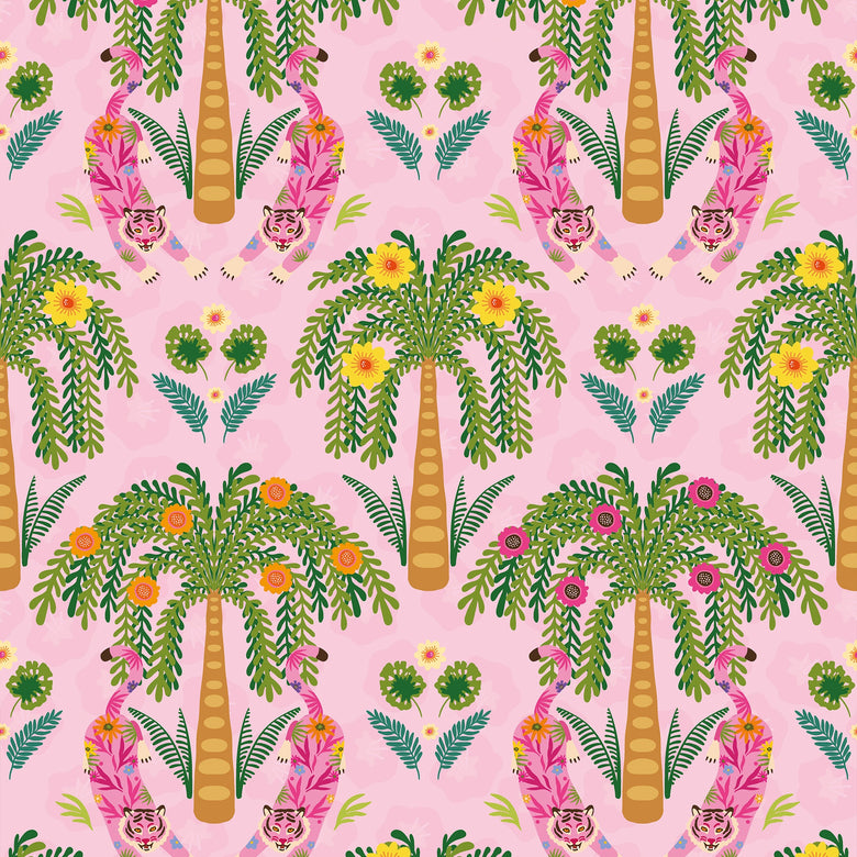 Crouching Tiger Wallpaper Olive Greens and Brights on Pink