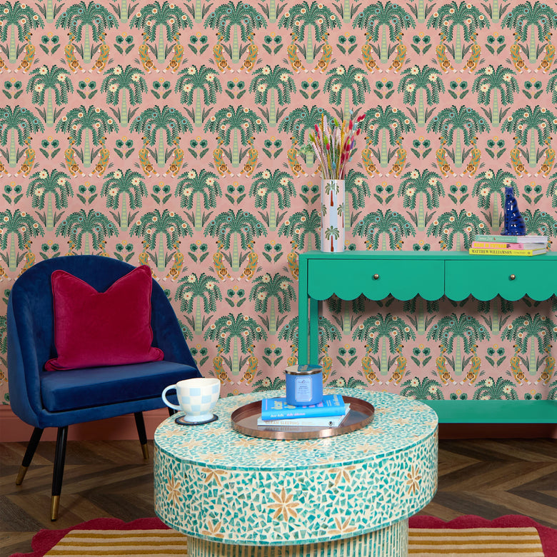 Crouching Tiger Wallpaper in Teals and Rosy Pink