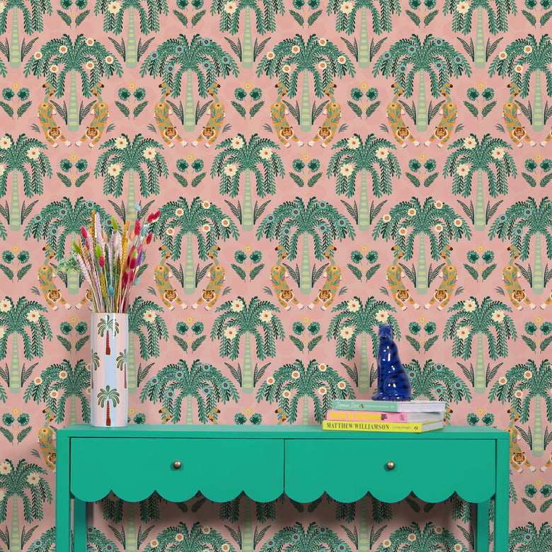 Crouching Tiger Wallpaper in Teals and Rosy Pink