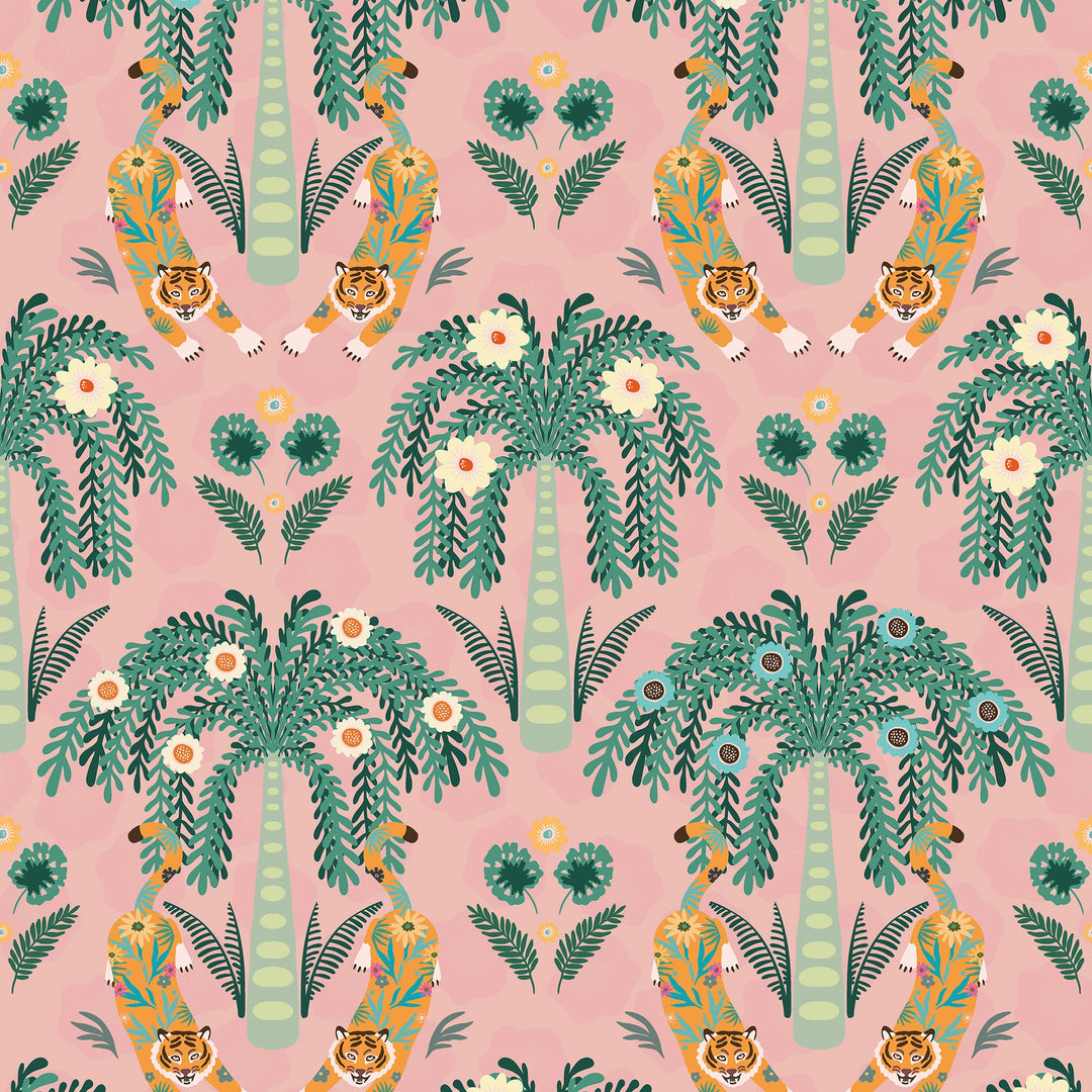 Crouching Tiger Wallpaper in Teals and Rosy Pink