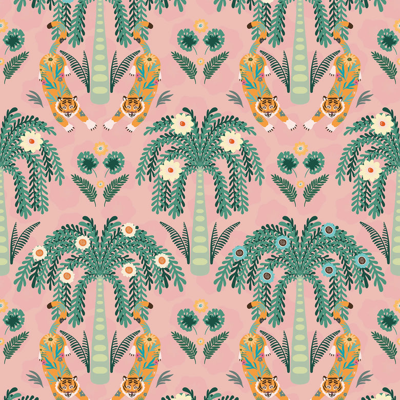 Crouching Tiger Wallpaper in Teals and Rosy Pink