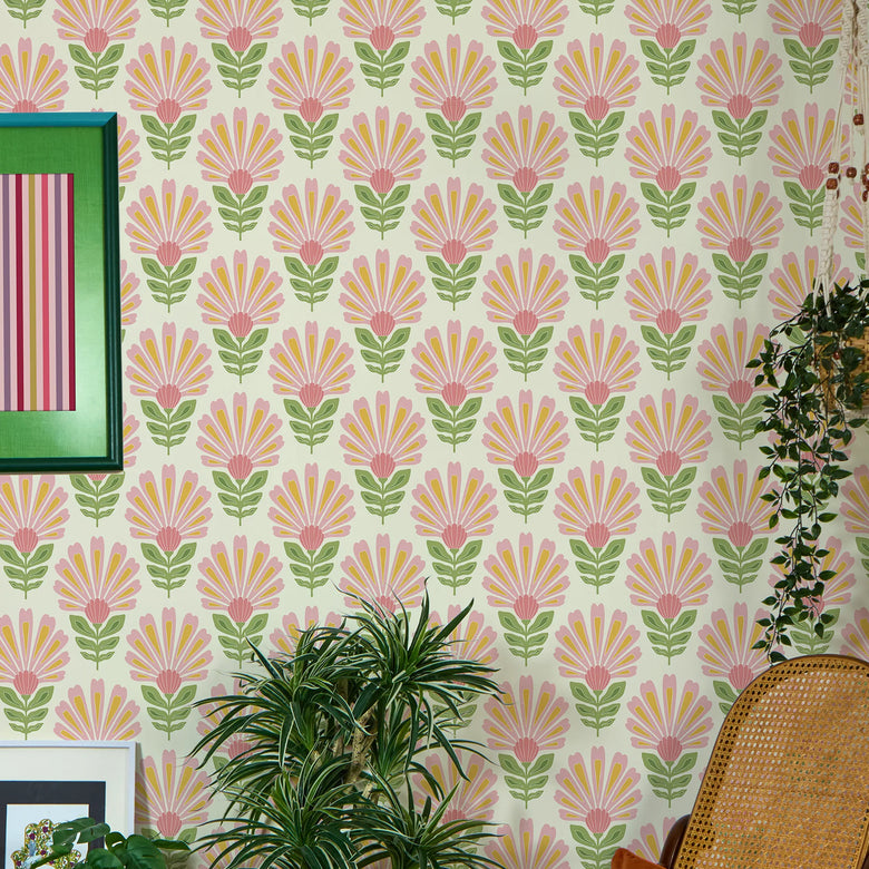 Cut from the same Wood Wallpaper in Pink and Yellow on Double Cream