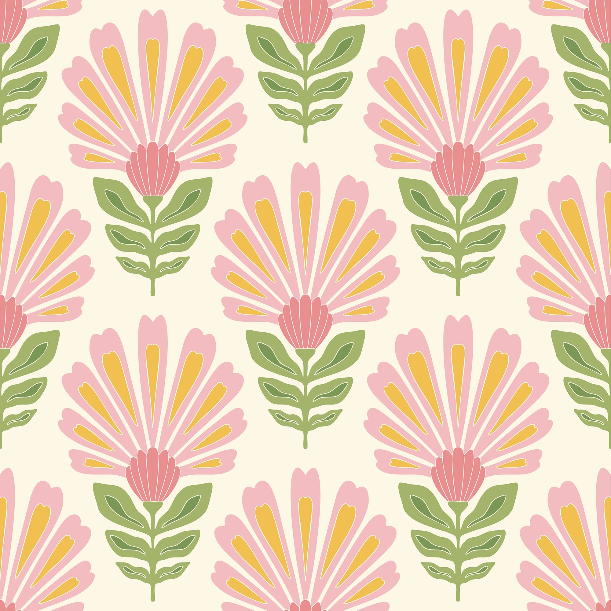 Cut from the same Wood Wallpaper in Pink and Yellow on Double Cream