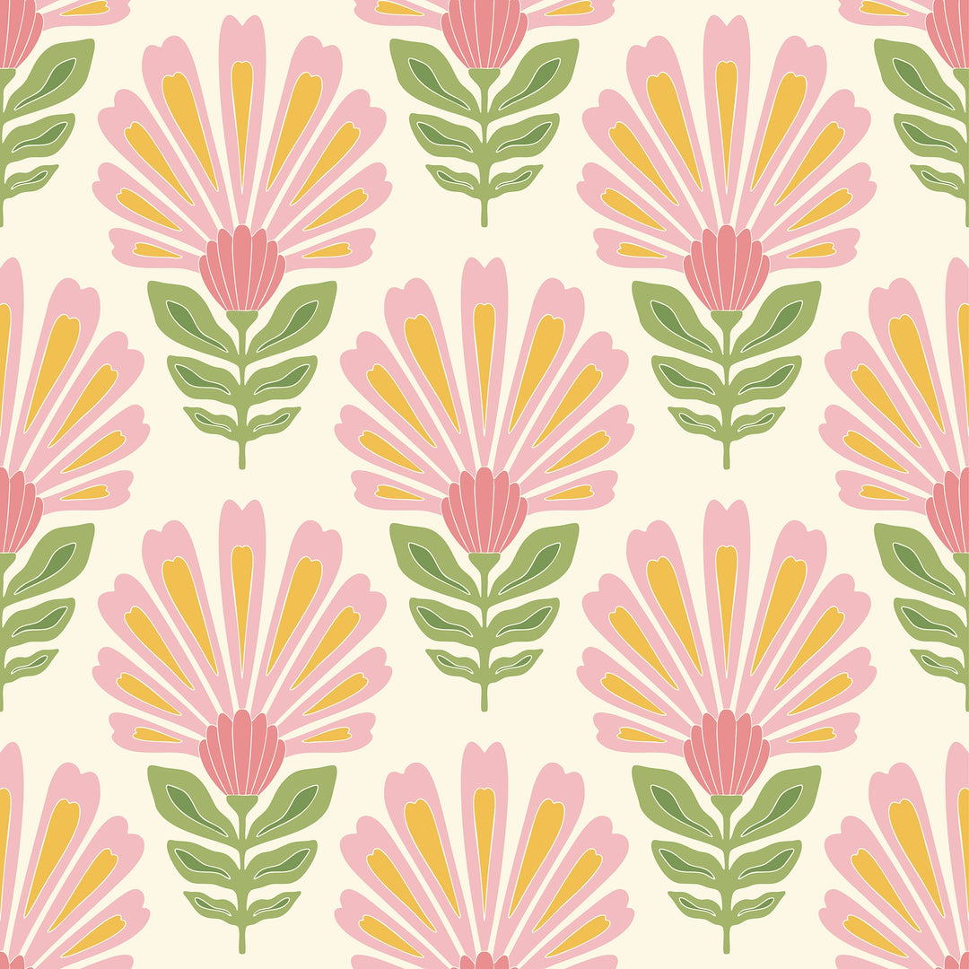 Cut from the same Wood Wallpaper in Pink and Yellow on Double Cream