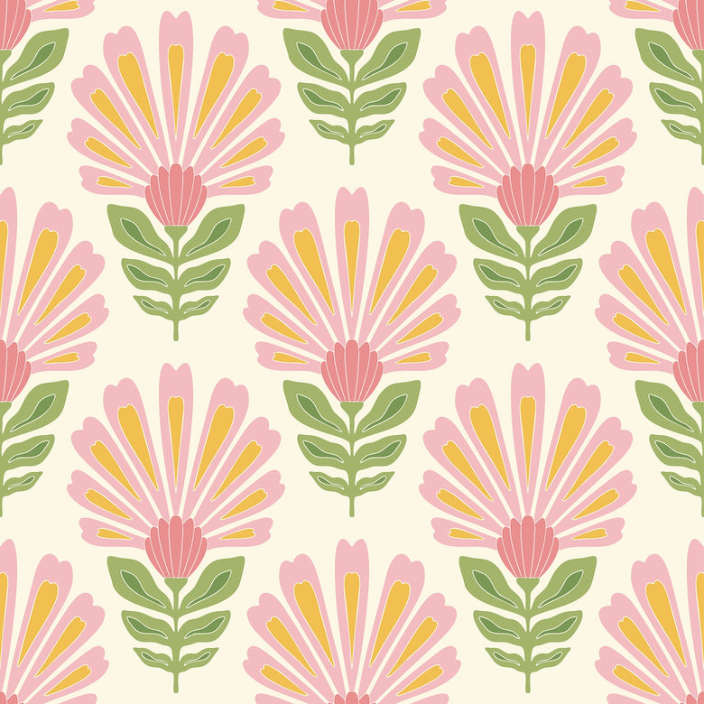 Cut from the same Wood Wallpaper in Pink and Yellow on Double Cream