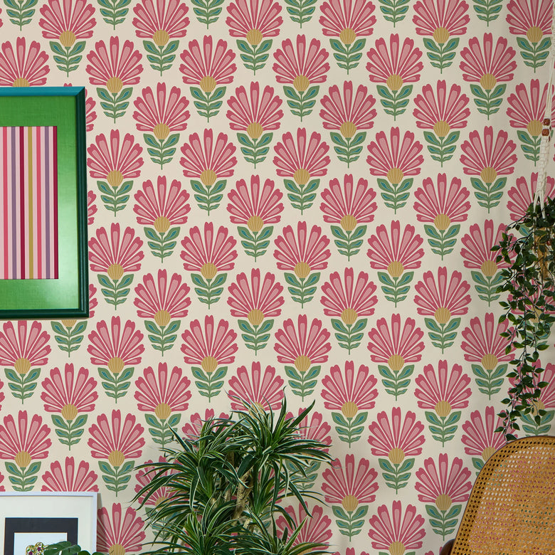 Cut from the same Wood Wallpaper in Rich Red and Pink on Double Cream