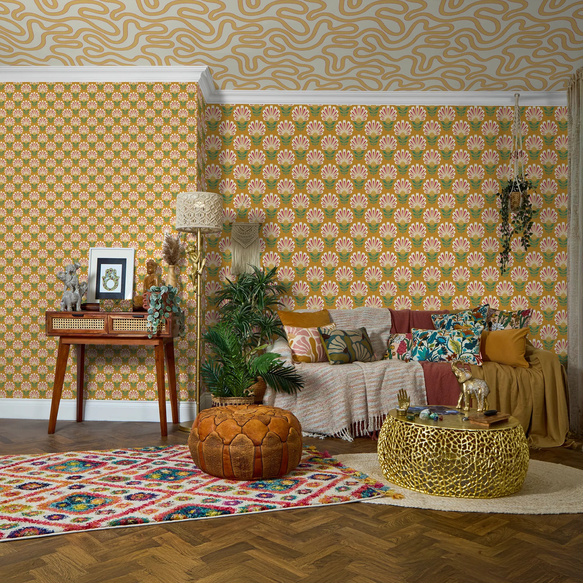 Cut from the same Wood Wallpaper in White and Rich Red on Mustard