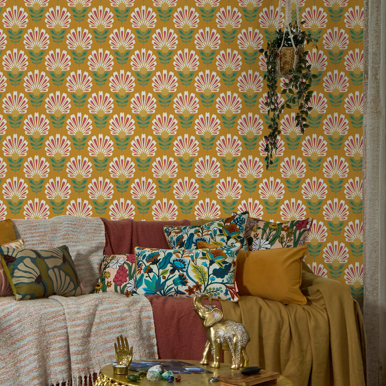 Cut from the same Wood Wallpaper in White and Rich Red on Mustard