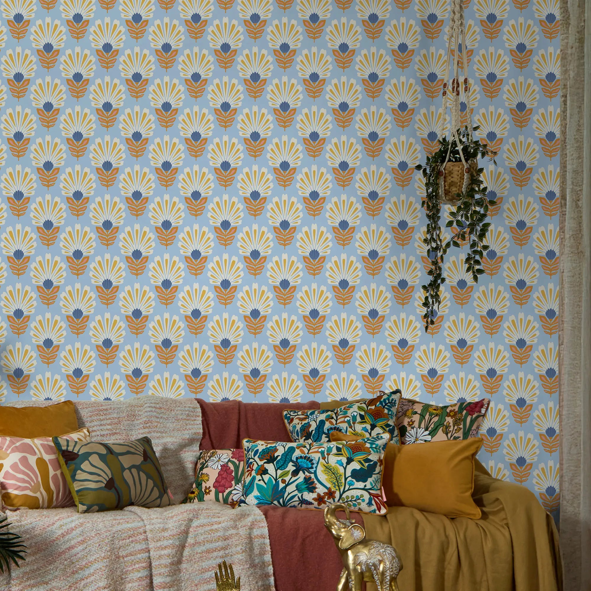 Cut from the same Wood Wallpaper in White and Yellow on Sky Blue