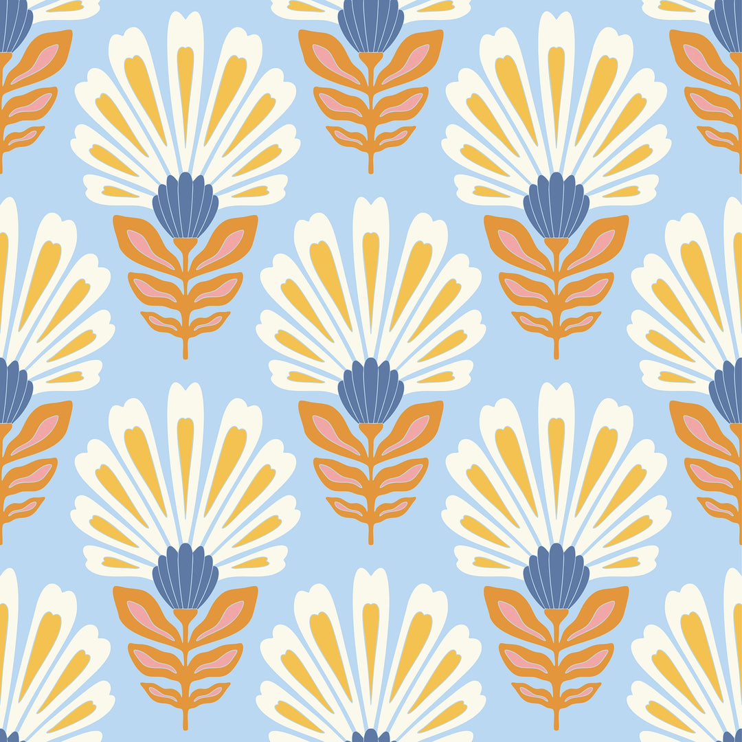 Cut from the same Wood Wallpaper in White and Yellow on Sky Blue