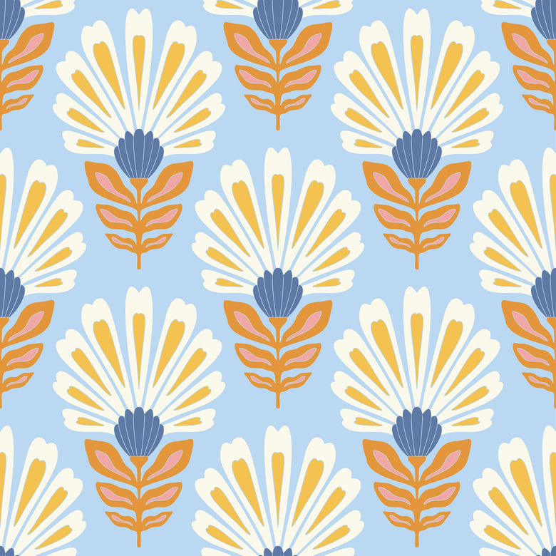 Cut from the same Wood Wallpaper in White and Yellow on Sky Blue