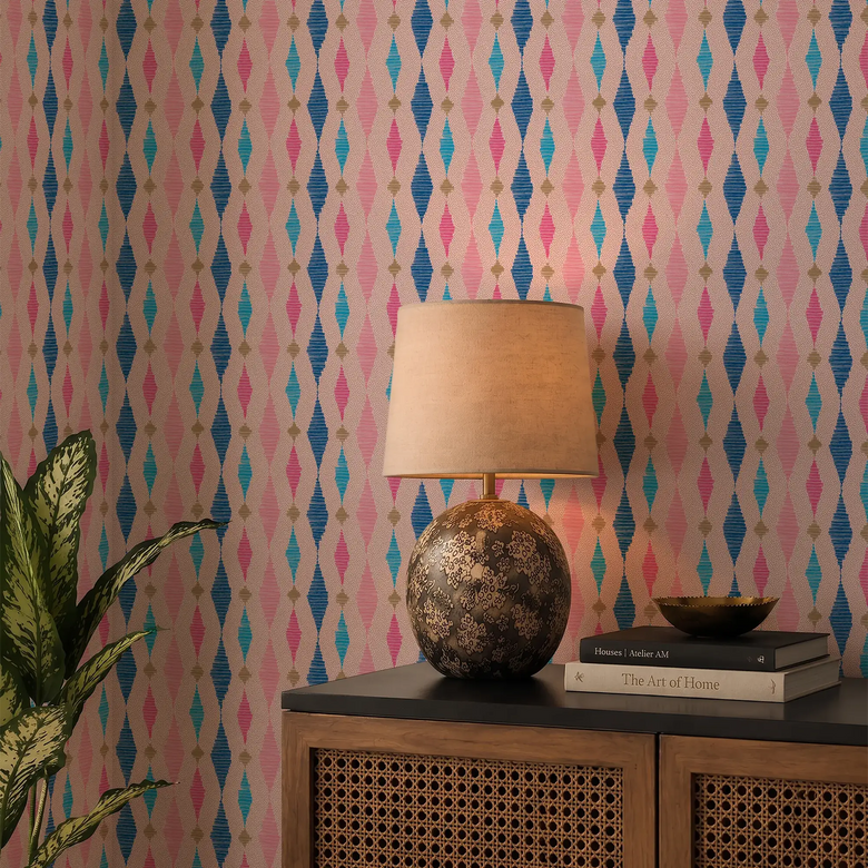 Dashing Diamond Wallpaper in Cobalt Blue and Pink on Candy Pink