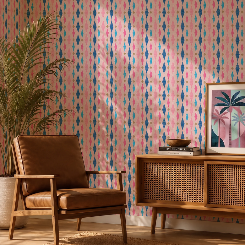 Dashing Diamond Wallpaper in Cobalt Blue and Pink on Candy Pink