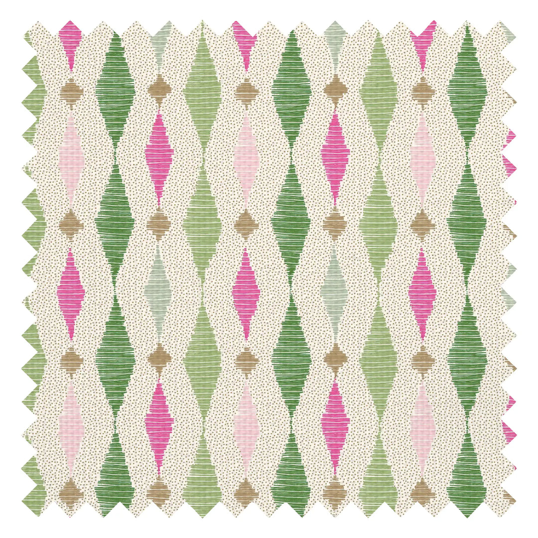 Dashing Diamond Fabric in Greens and Raspberry on Cream