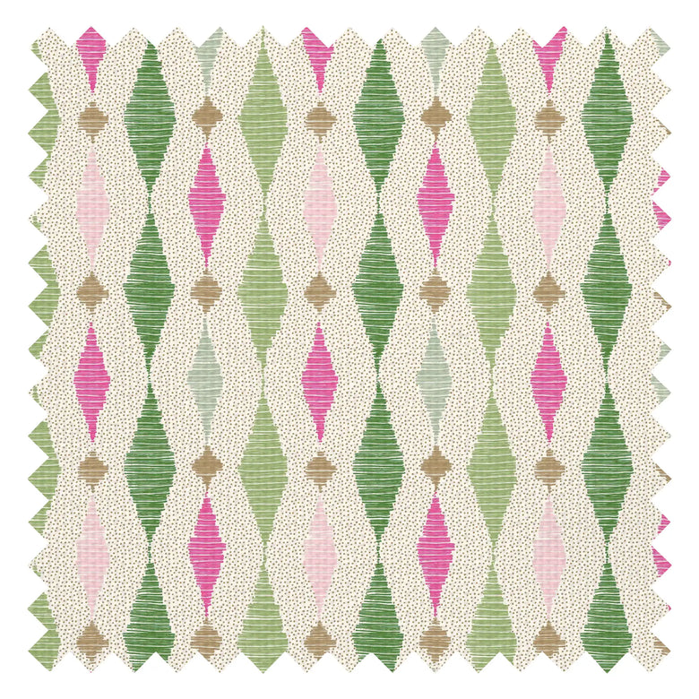 Dashing Diamond Fabric in Greens and Raspberry on Cream