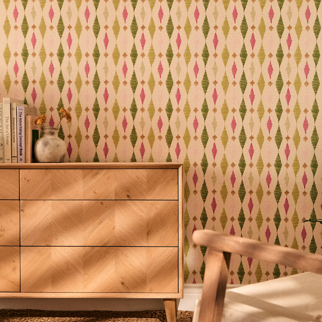 Dashing Diamond Wallpaper in Greens and Raspberry on Cream