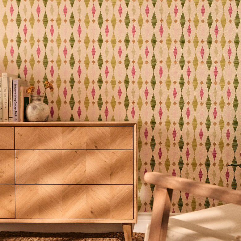Dashing Diamond Wallpaper in Greens and Raspberry on Cream