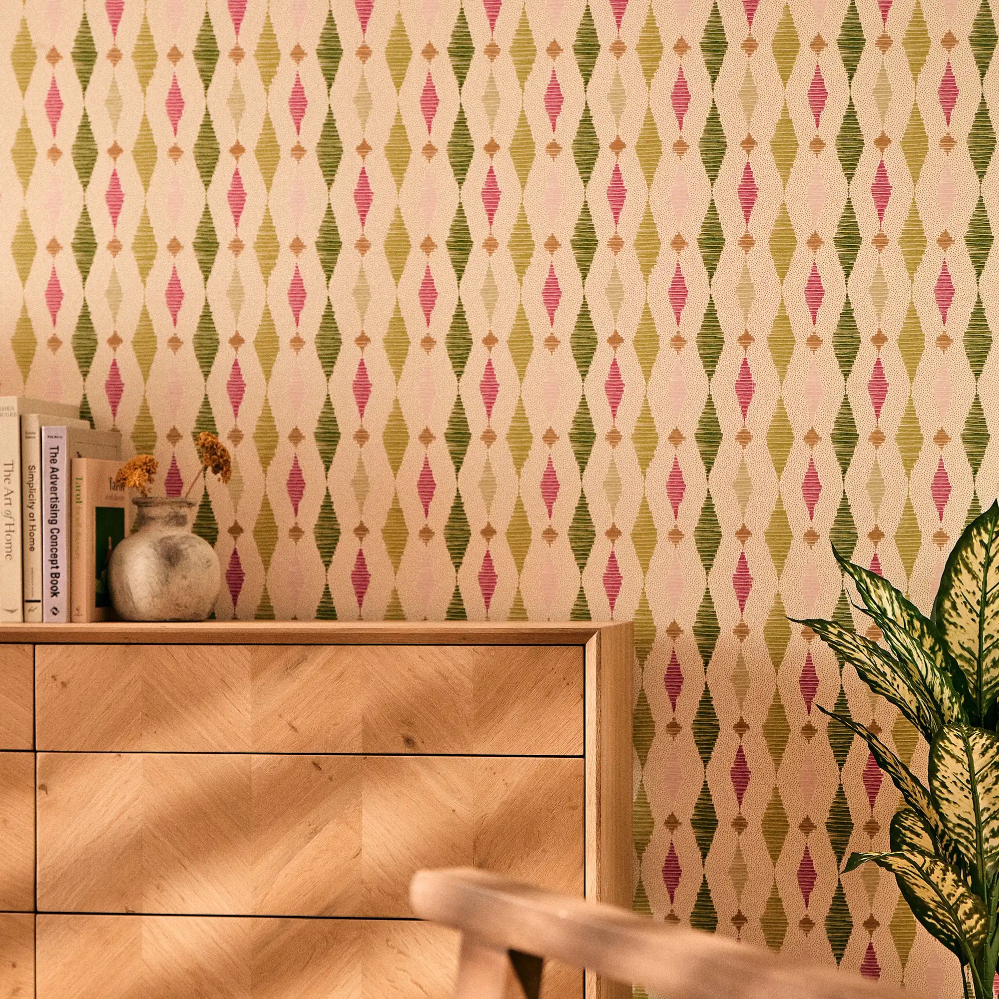 Dashing Diamond Wallpaper in Greens and Raspberry on Cream