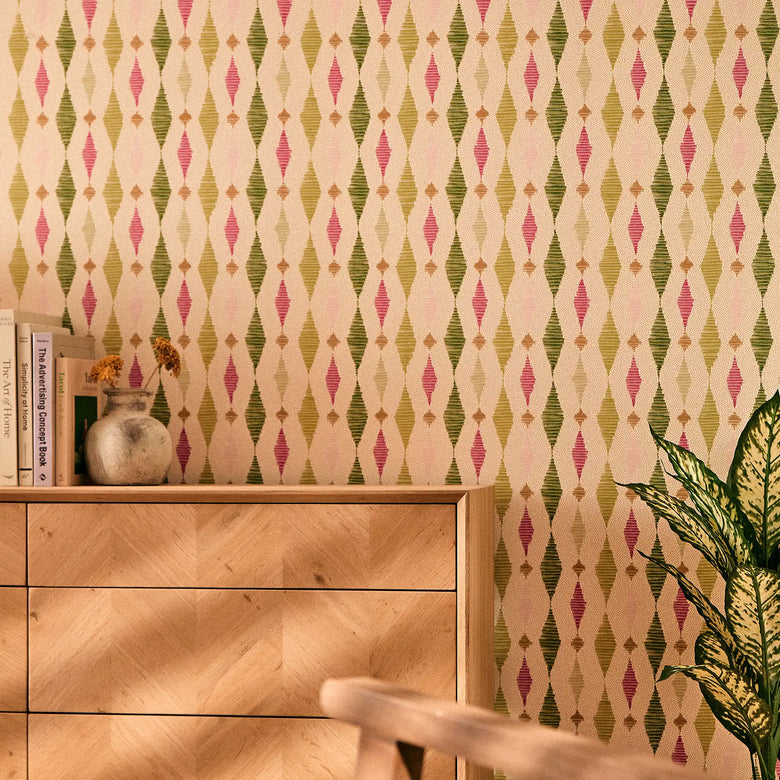 Dashing Diamond Wallpaper in Greens and Raspberry on Cream