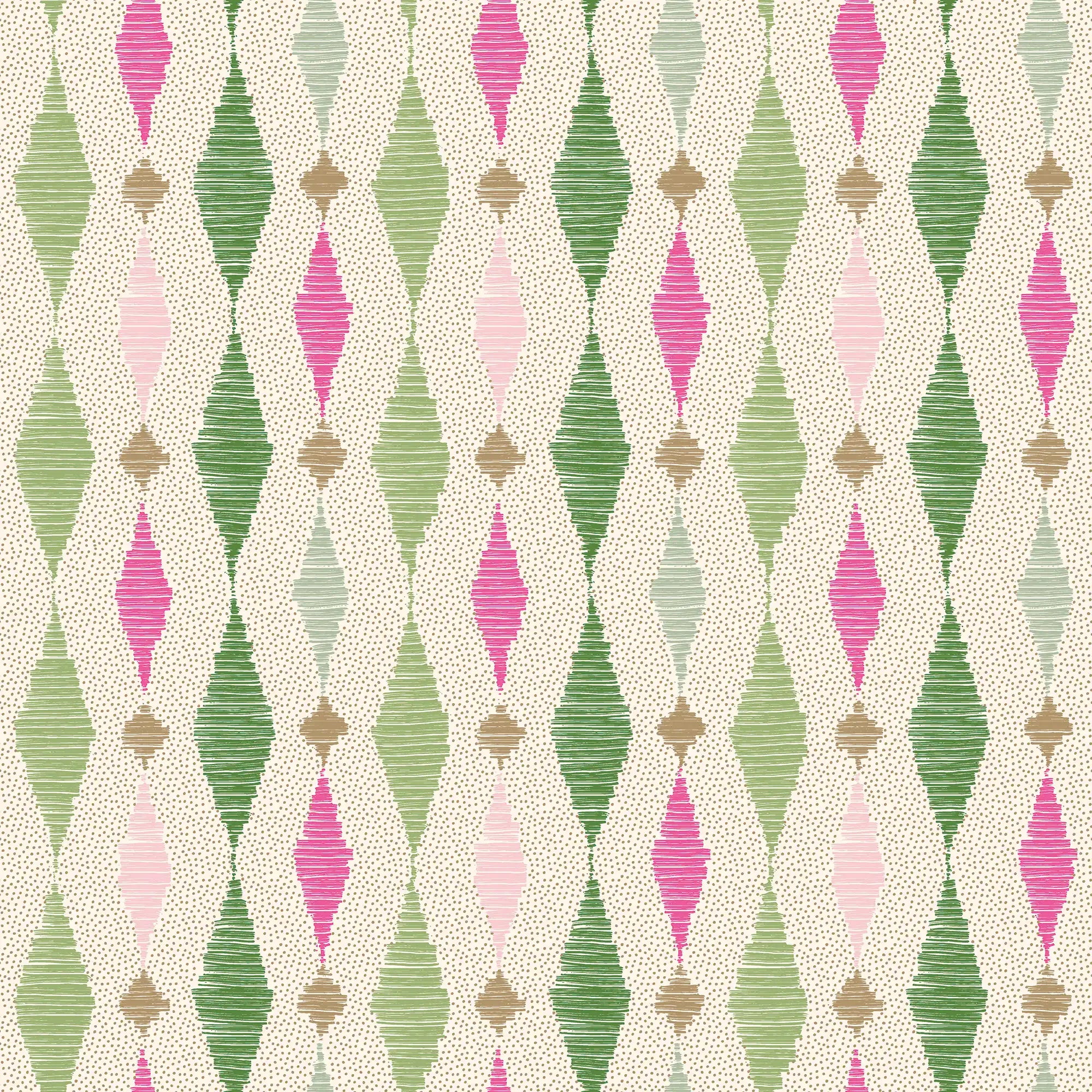 Dashing Diamond Wallpaper in Greens and Raspberry on Cream