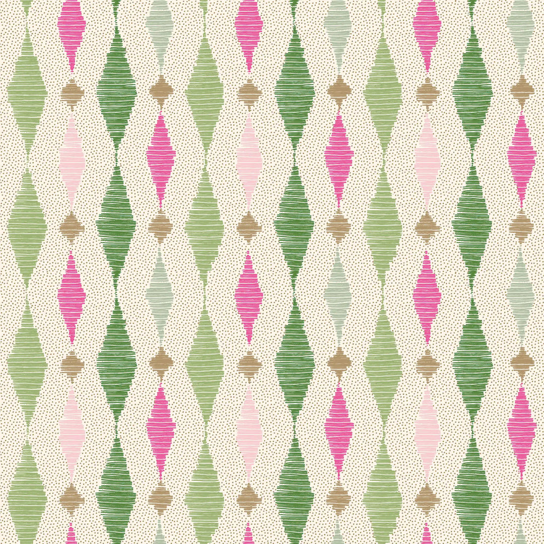 Dashing Diamond Wallpaper in Greens and Raspberry on Cream
