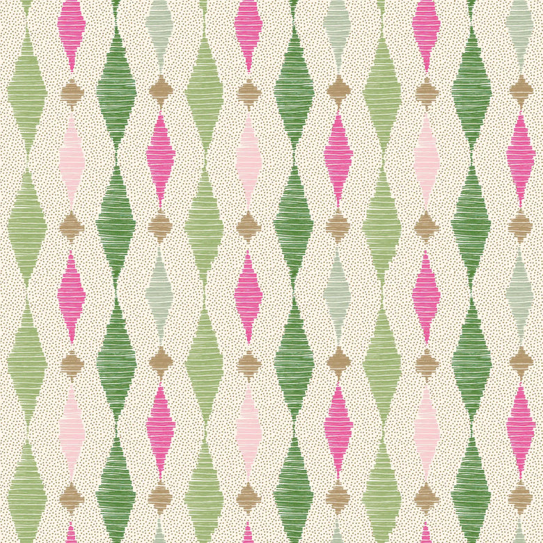 Dashing Diamond Wallpaper in Greens and Raspberry on Cream