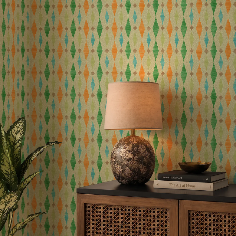 Dashing Diamond Wallpaper in Turquoise and Orange on Light Green