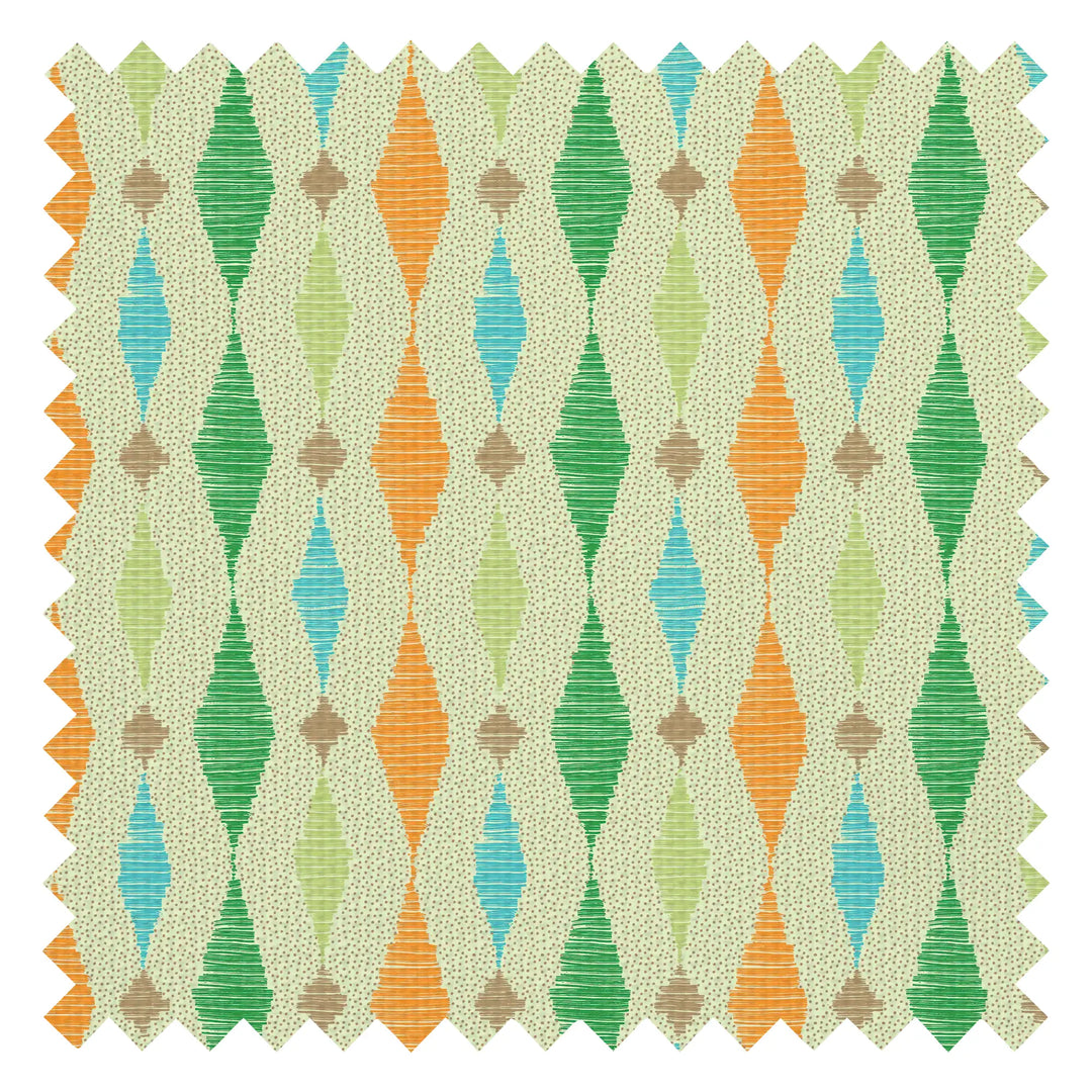 Dashing Diamond Fabric in Turquoise and Orange on Light Green