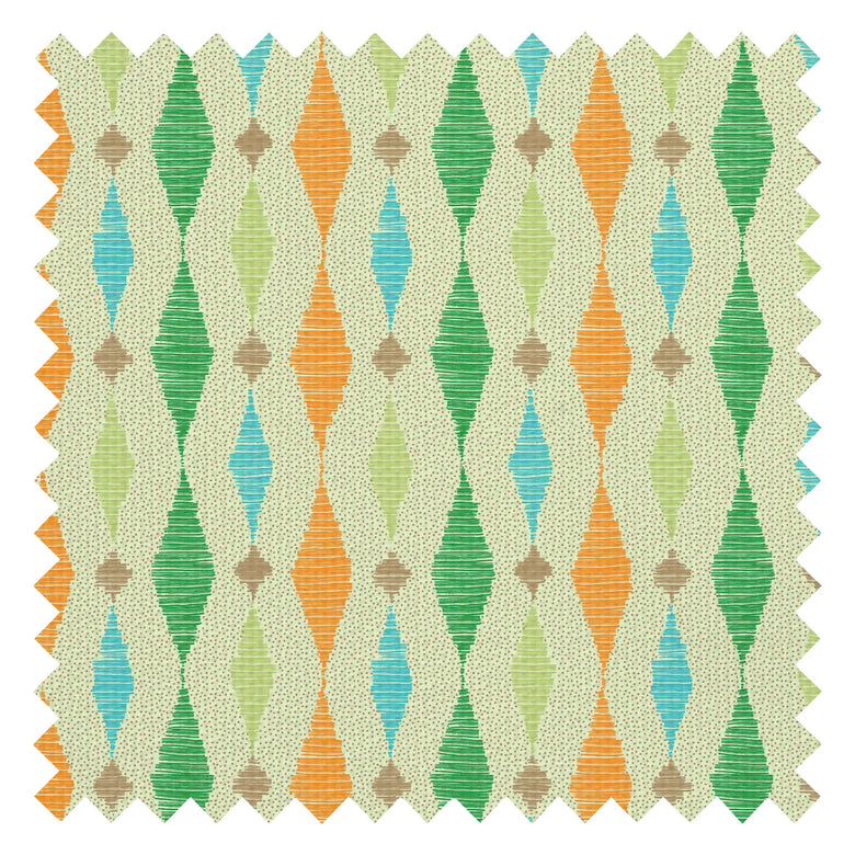 Dashing Diamond Fabric in Turquoise and Orange on Light Green