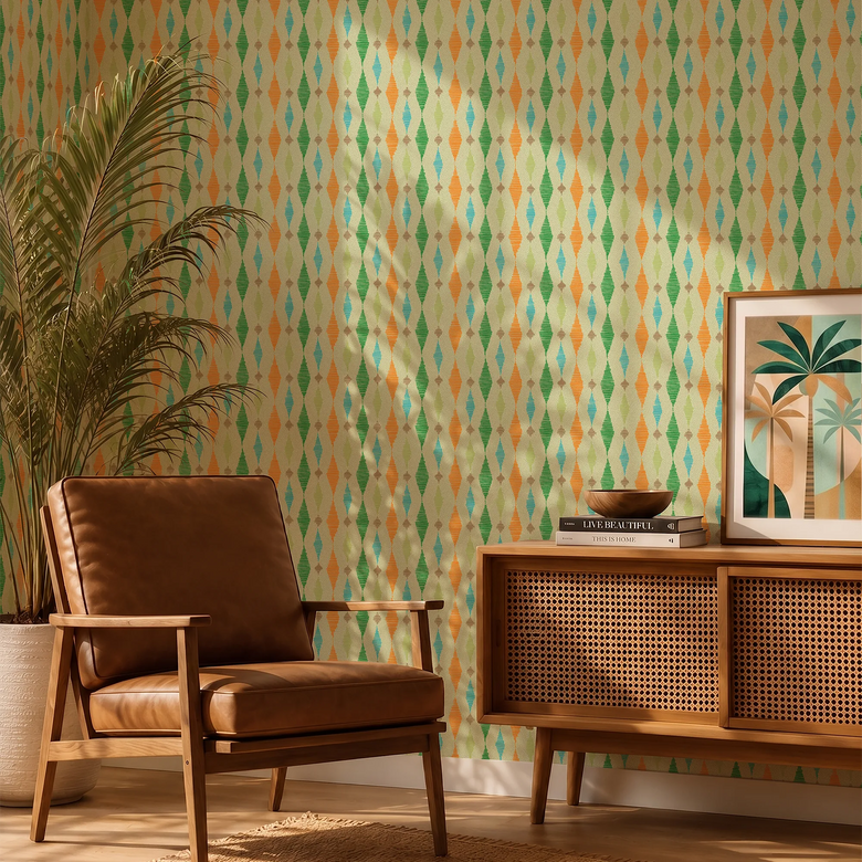 Dashing Diamond Wallpaper in Turquoise and Orange on Light Green