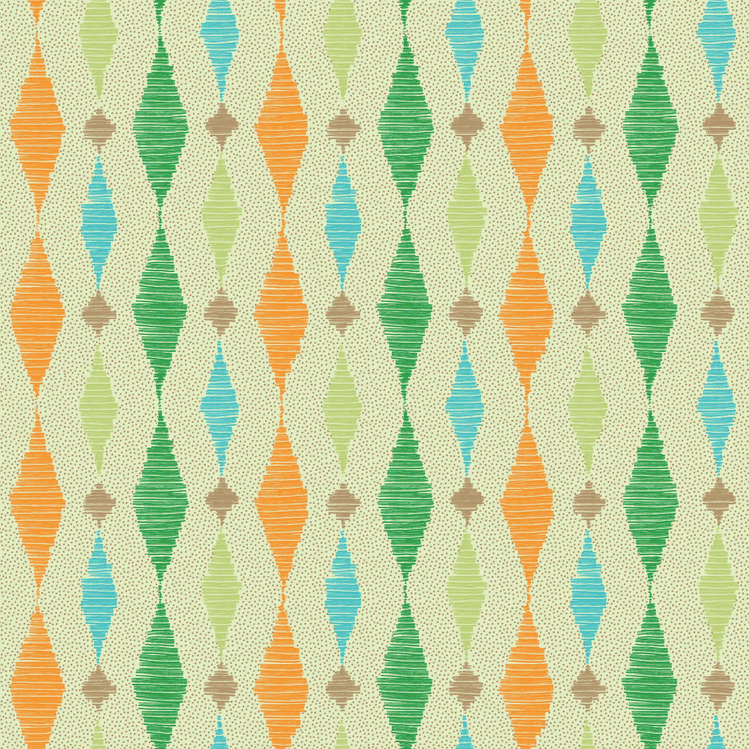 Dashing Diamond Wallpaper in Turquoise and Orange on Light Green