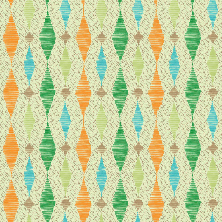 Dashing Diamond Wallpaper in Turquoise and Orange on Light Green