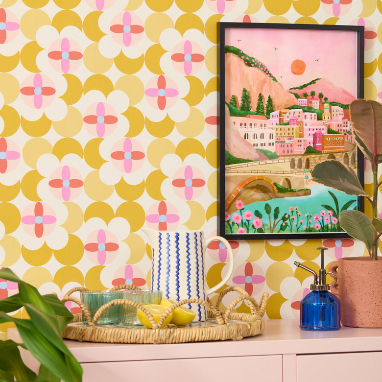 Day Dreamer Wallpaper in Mustard and Candy Floss on Gluten Free