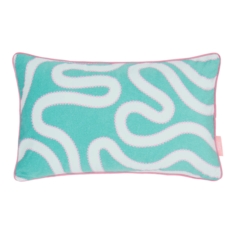 Dotty as a Squiggle Bolster Cushion in Teal & Pink