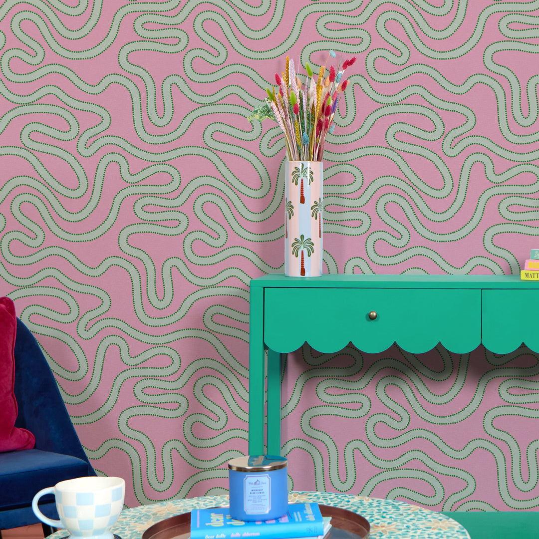 Dotty as a Squiggle Wallpaper in Pink and Greens
