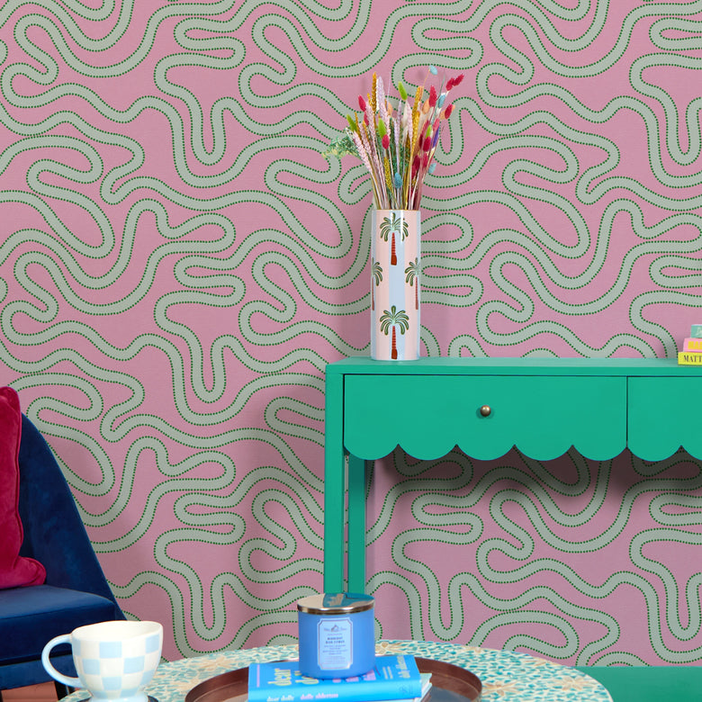 Dotty as a Squiggle Wallpaper in Pink and Greens