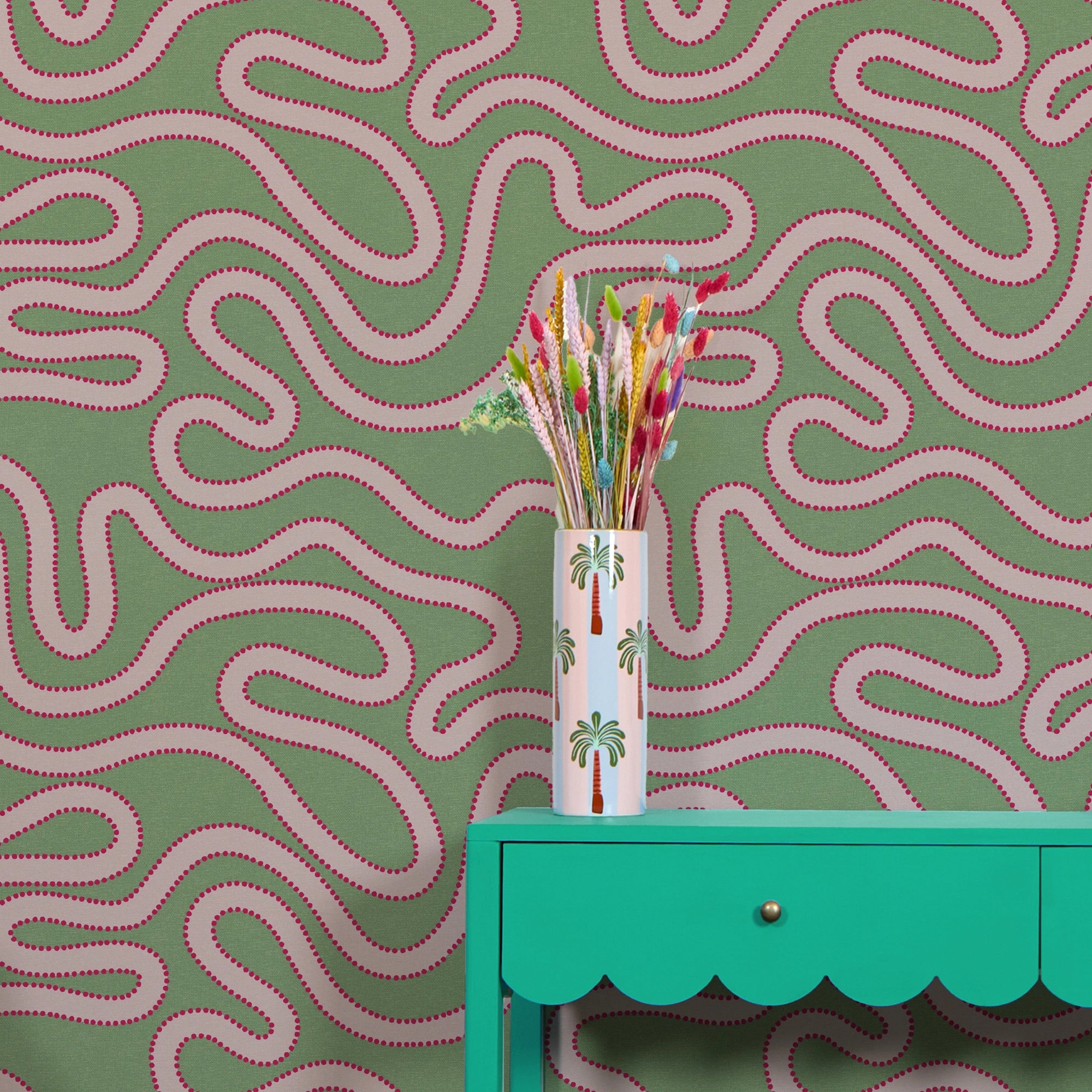 Dotty as a Squiggle Wallpaper in Sage and Pinks