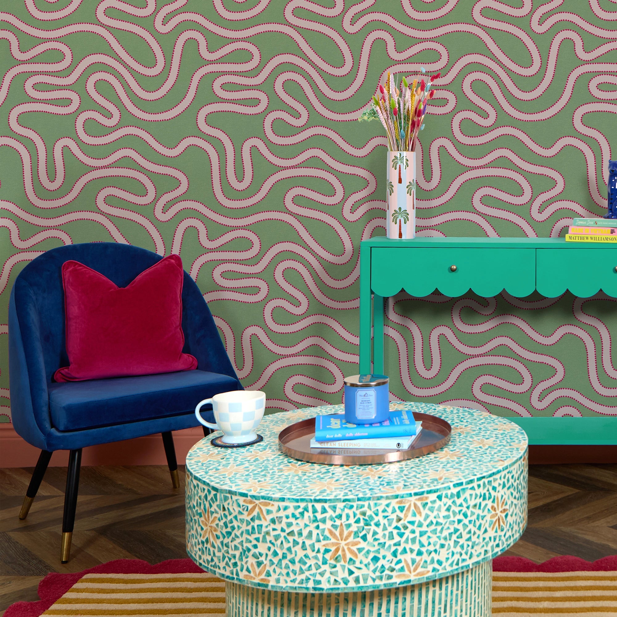 Dotty as a Squiggle Wallpaper in Sage and Pinks
