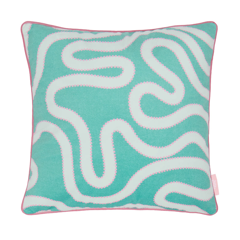 Dotty as a Squiggle Square Cushion in Teal & Pink