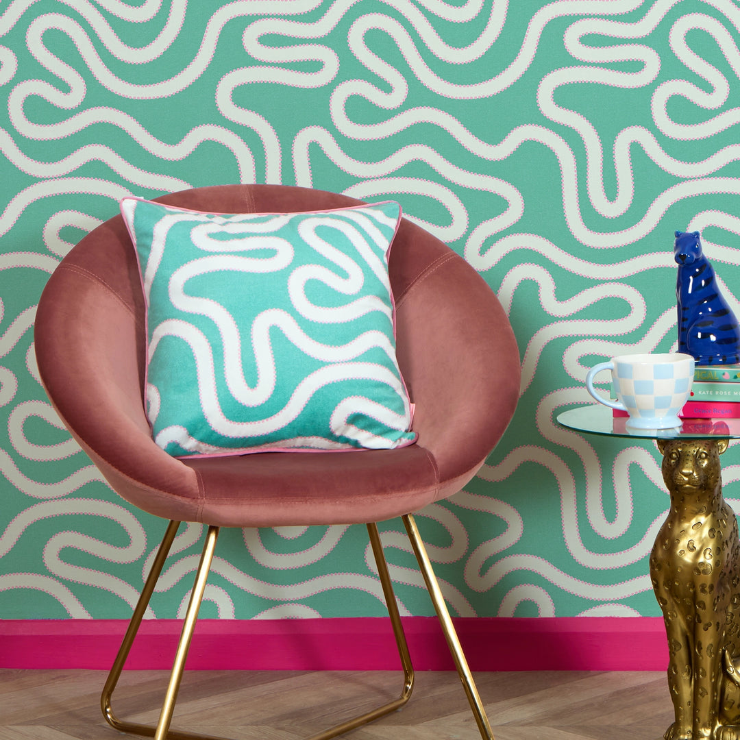 Dotty as a Squiggle Square Cushion in Teal & Pink
