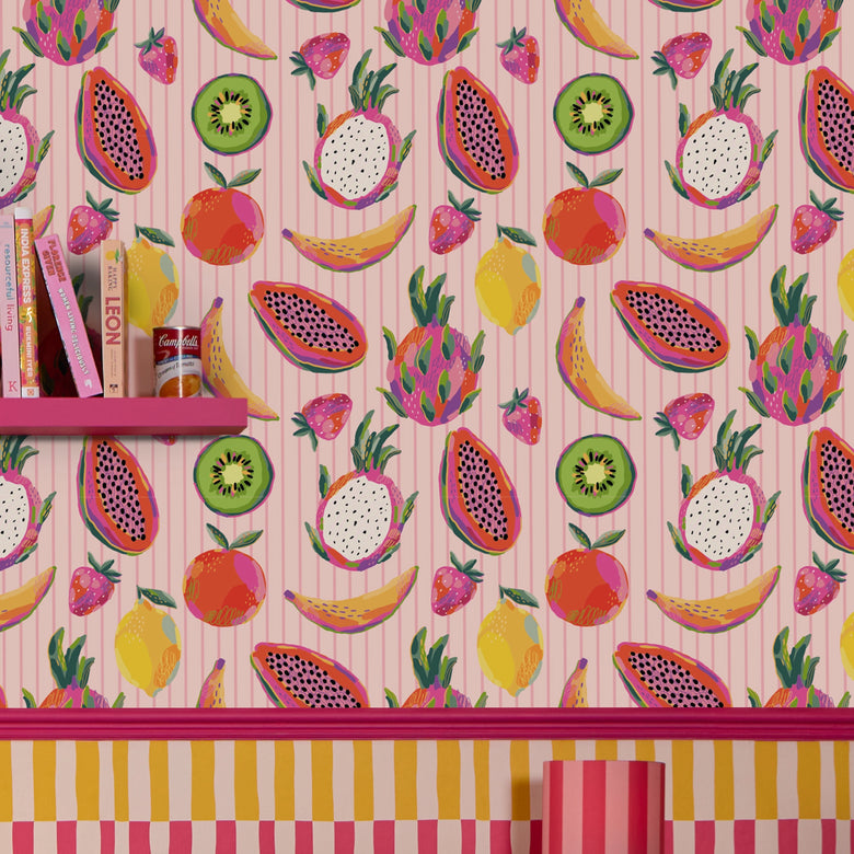 Dragon Fruit Desire Pinstripe Wallpaper in Candy Pink