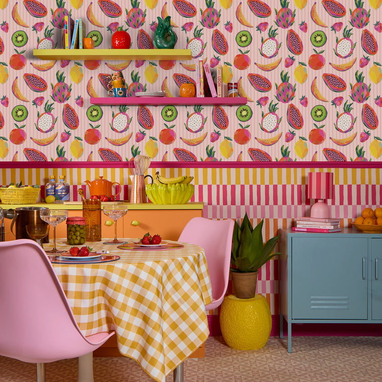 Dragon Fruit Desire Pinstripe Wallpaper in Candy Pink