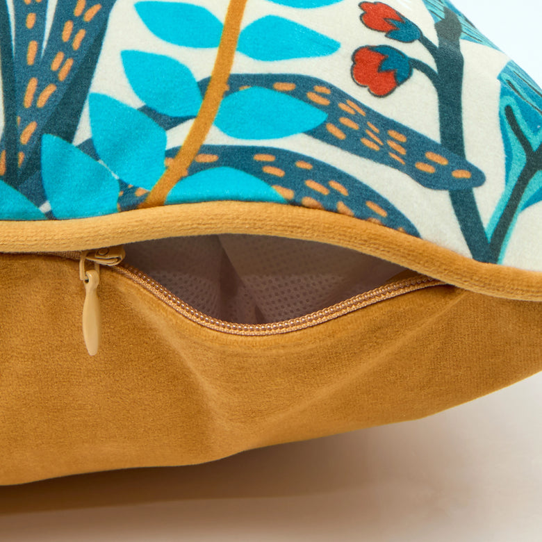 Eclectic Eden Bolster Cushion in Teal, Tan on Vintage Cream