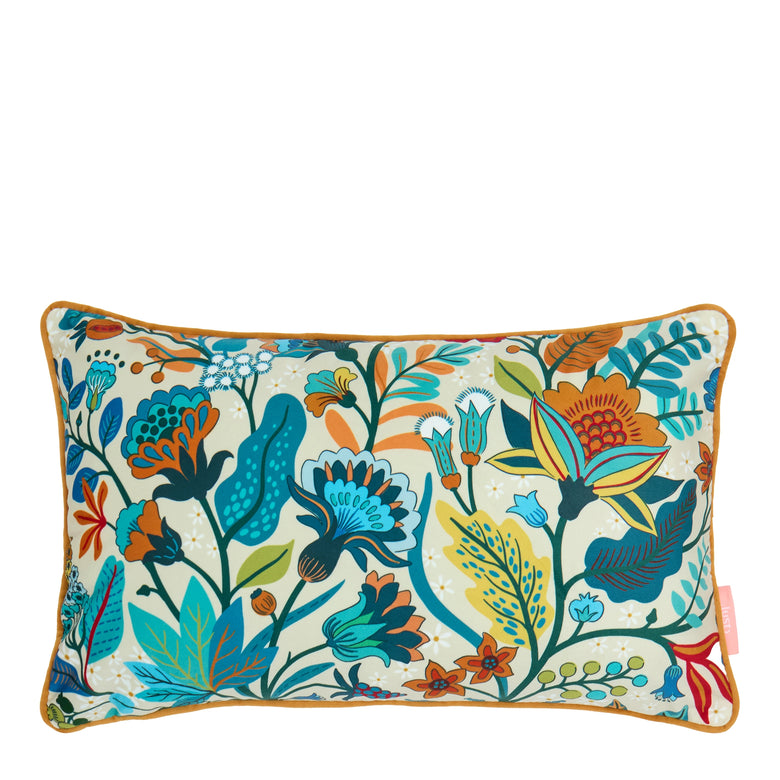 Eclectic Eden Bolster Cushion in Teal, Tan on Vintage Cream