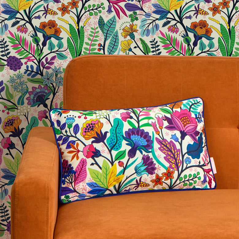 Eclectic Eden Bolster Cushion in Brights on Vintage Cream