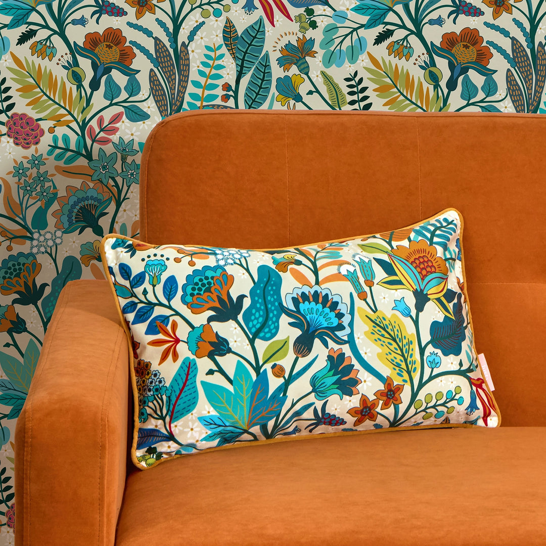 Eclectic Eden Bolster Cushion in Teal, Tan on Vintage Cream