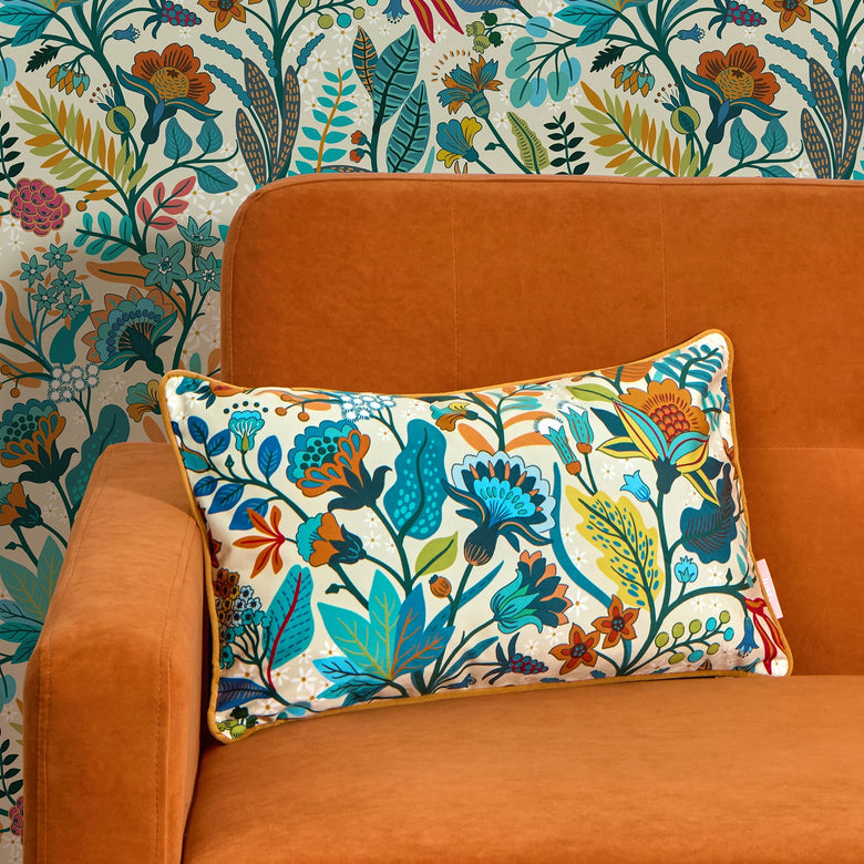 Eclectic Eden Bolster Cushion in Teal, Tan on Vintage Cream